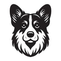 A Stoic Welsh Corgi Dog face Illustration in black and white vector