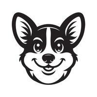 A Mischievous Welsh Corgi Dog face Illustration in black and white vector