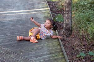 un joven africano americano niña se sienta en un de madera pasarela, participación un pino cono, con arboles y verdor alrededor, evocando un sentido de preguntarse y conexión con naturaleza. foto