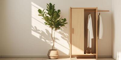 Sunlight casts shadows on a wall in a japandi or Scandinavian style room featuring a wooden wardrobe and potted plant, reflecting a minimalistic and natural Japandi style, serene interior concepts. photo