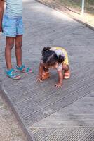 A black toddler crouches on a wooden boardwalk, peering down, beside a standing child in blue shorts. The scene is innocent, ideal for family or park themes. photo