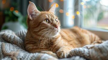 Orange Cat Laying on Top of Blanket photo