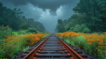 tren pista con puesta de sol en antecedentes foto