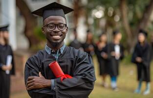 Graduated Man in Cap and Gown Holding Diploma photo