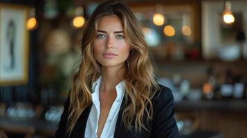 Woman With Long Hair Standing in Front of a Bar photo