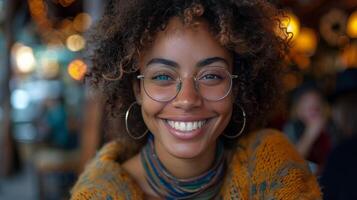 Woman Wearing Glasses Smiling at Camera photo