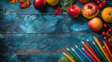 Assorted Fruits on Blue Background photo