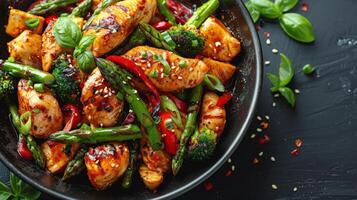 Pan Filled With Chicken, Asparagus, and Broccoli photo