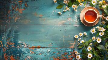 A Cup of Tea Surrounded by Daisies and Leaves photo