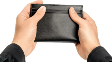 Hands Holding an Empty Black Wallet. png