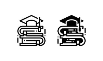 Education icon, represented by a stack of books and a graduation cap. With Outline, Glyph or solid style vector
