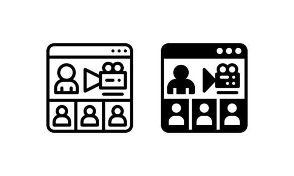 conferencia icono, cuales es representado por personas en uno pantalla y un cámara. con describir, glifo o sólido estilo vector