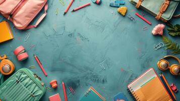 Assortment of School Supplies on Blue Surface photo