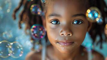 Young Girl With Blue Eyes and Curly Hair Surrounded by Bubbles photo