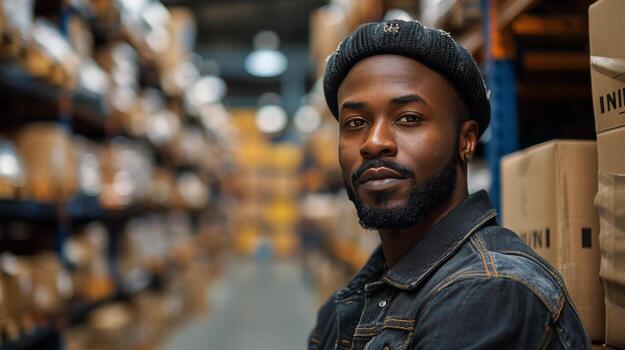 Man in a Hat Standing in a Warehouse photo