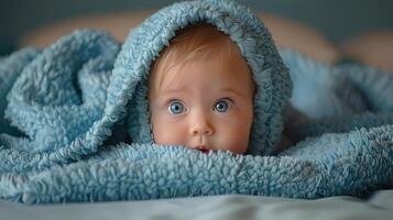 Baby With Blue Blanket on Head photo