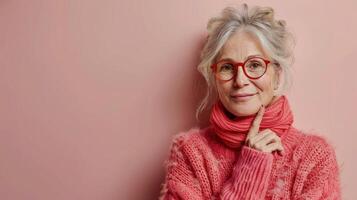 más viejo mujer en rosado suéter vistiendo lentes foto