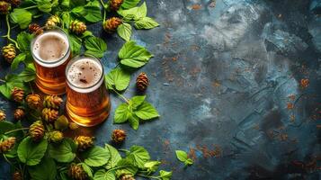 dos tazas de cerveza rodeado por hojas y conos foto