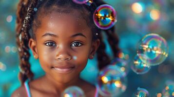 pequeño niña con trenzas y burbujas en su pelo foto