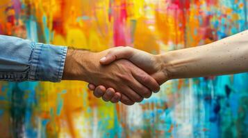 Two People Shaking Hands in Front of a Painting photo