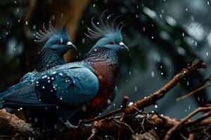 un Pareja de victoria coronado Paloma en pie en pequeño raíz en lluvia otoño foto