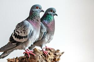 a couple Pigeons standing on small root, white copy space on right photo