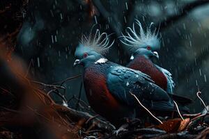 A couple of Victoria Crowned Pigeon standing in small root in rain fall photo