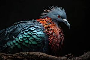 Mystic portrait of Nicobar Pigeon standing in small root in studio, photo