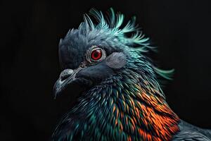 Mystic portrait of Nicobar Pigeon standing in small root in studio, photo