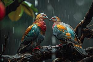 un Pareja de Fruta paloma en pie en pequeño raíz en lluvia otoño foto