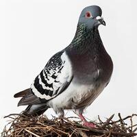 a Pigeon standing on nest, white copy space on right photo