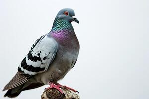 a Pigeon standing on small root, white copy space on right, photo