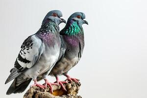 a couple Pigeons standing on small root, white copy space on right photo