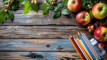 Group of Pencils and Apples on Wooden Table photo