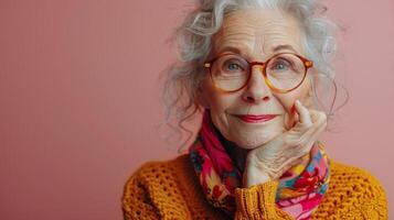 más viejo mujer en rosado suéter vistiendo lentes foto