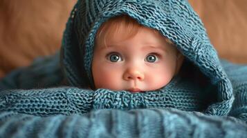 Baby Wrapped in Blanket Looking at Camera photo
