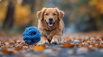 perrito jugando con un pelota de hilo foto