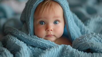 Baby With Blue Blanket on Head photo