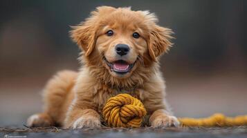 perrito jugando con un pelota de hilo foto