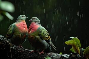 a couple of pink necked green pigeon in the rain photo