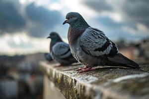 three pigeons sitting on the roofs photo