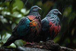 a couple of pink necked green pigeon in the rain photo