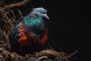 Mystic portrait of Nicobar Pigeon standing in small root in studio, photo