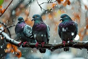 Tres palomas sentado en el lluvia foto