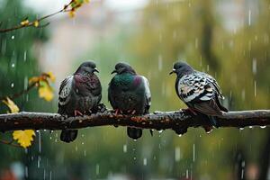 three pigeons sitting in the rainfall photo