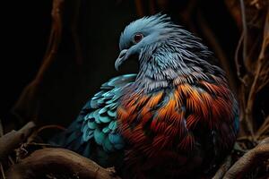 Mystic portrait of Nicobar Pigeon standing in small root in studio, photo