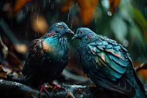 a couple of pink necked green pigeon in the rain photo