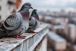 three pigeons sitting on the roofs photo