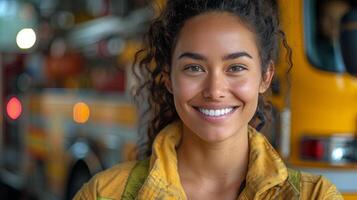 sonriente mujer en frente de fuego camión foto