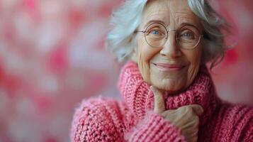 más viejo mujer en rosado suéter vistiendo lentes foto